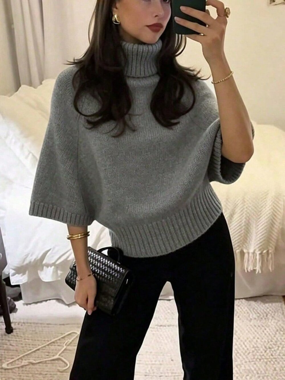 Grey Casual Women's High Neck Sweater Batwing Sleeve Cinched Waist Knit Top